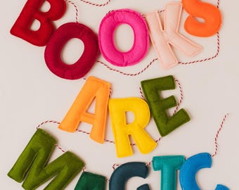 Rainbow Felt Letter Garland - Kids Room, Nursery, Playroom Decor | Book are Magic | Book Lover Gift for Children