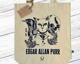 EDGAR ALLAN PURR Bolso de mano literario de comercio justo orgánico premium para amantes de los gatos + amantes de los libros