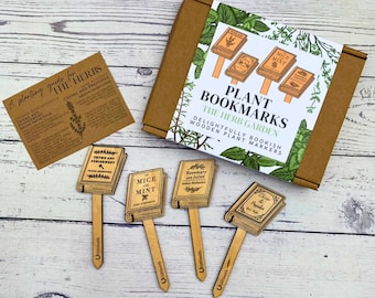 Plant Bookmarks: The Herb Garden | Set of 4 Wooden Plant Markers...puns inspired by Classic Book Titles | Book Lover Gift