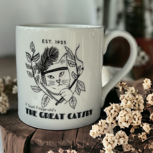 Mug littéraire en porcelaine de Chine The Great Catsby de F. Scott Fitzgerald pour les amoureux des livres et des chats