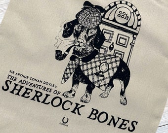 Sherlock Bones Dog Lover Literary Organic Premium Shopper Tote Bag for book lovers dachshund detective