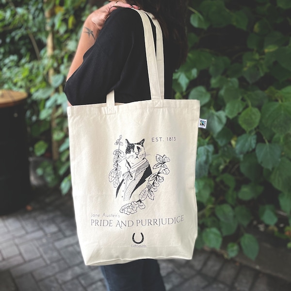 Sac fourre-tout littéraire Pride & Purrjudice de Jane Austen, commerce équitable + bio pour les amoureux des chats