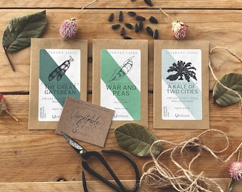 Literary Seeds: The Vegetables | Seed Packet Puns on Classic Books | Grow Your Own Kale, Peas + Green Beans | Book Lover, Gardener, Father's