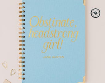 Jane Austen Quote Notebook | Regency Blue Linen Journal | Gold Foil Spiral Notebook | Pride and Prejudice | Literary Gift for Book Lovers