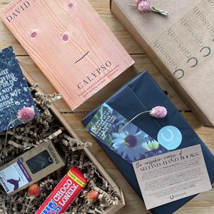 Sustainable Pre-loved Book Lover Gift Box / Calypso - David Sedaris / Postal Literaria (elige un diseño) + Marcador