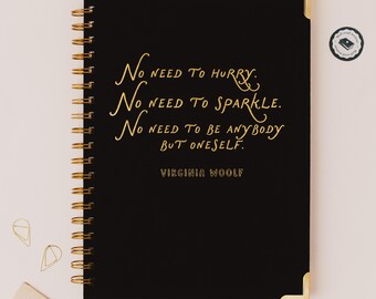 Virginia Woolf Notebook | Black Linen Hardcover Journal | Gold Foil Spiral Notebook | Writer Planner | Literary Gift for Book Lovers