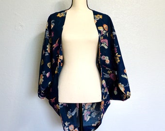 Okinawa Bingata Print Jacket-Blue | Jackets for Women | Lightweight Jacket for Her | Japanese Kimono Coverup | Summerwear | Floral Cardigan