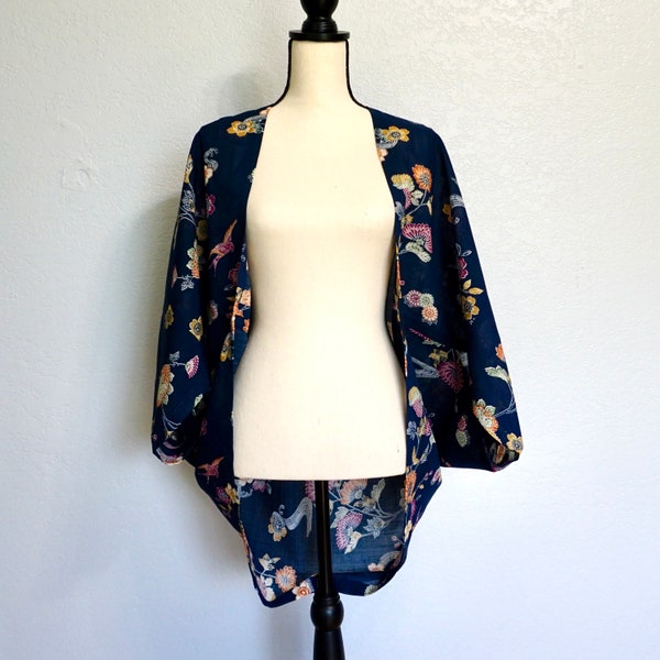 Okinawa Bingata Print Jacket-Blue | Jackets for Women | Lightweight Jacket for Her | Japanese Kimono Coverup | Summerwear | Floral Cardigan
