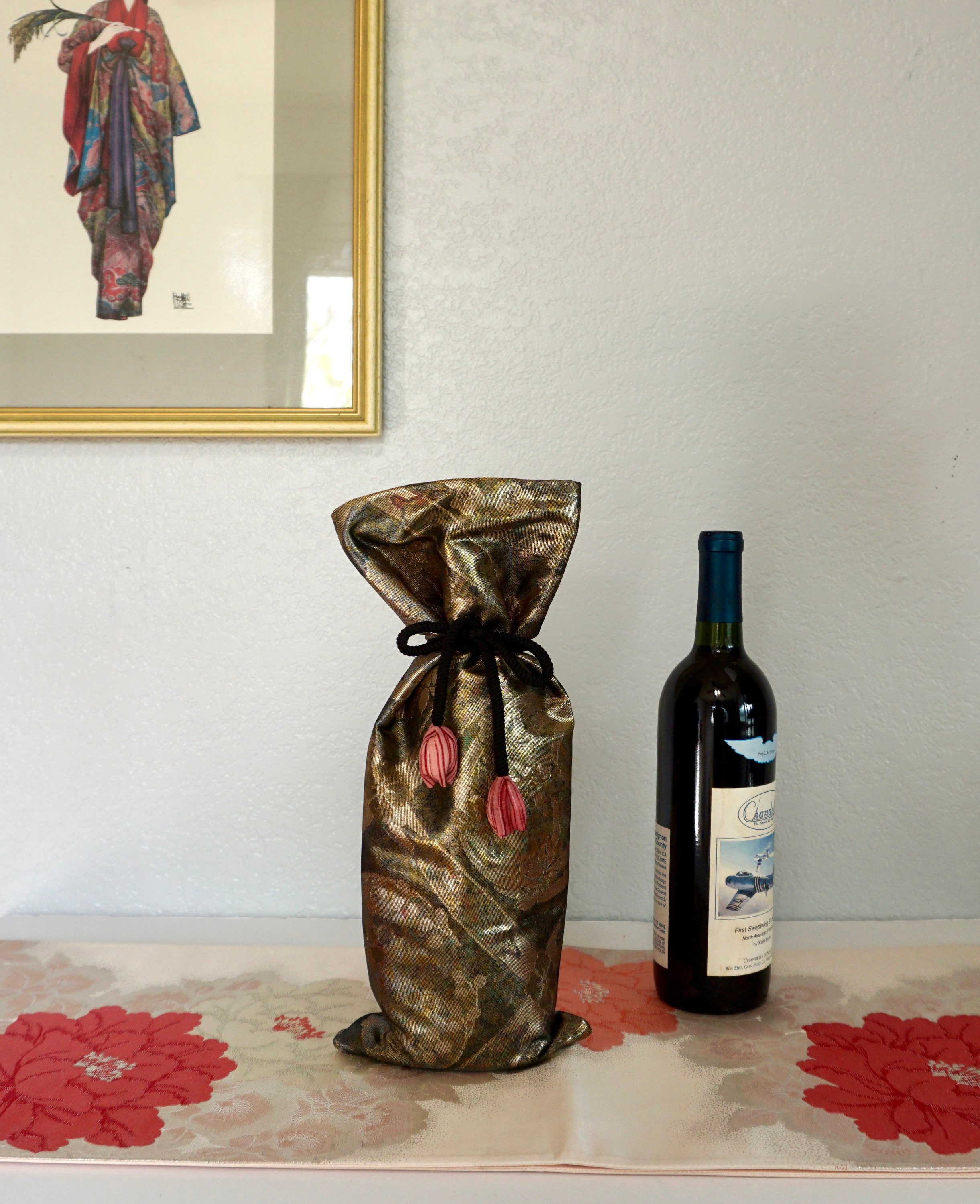 Teal Metallic Obi Wine Covers Japanese Wine Bottle Cover Etsy