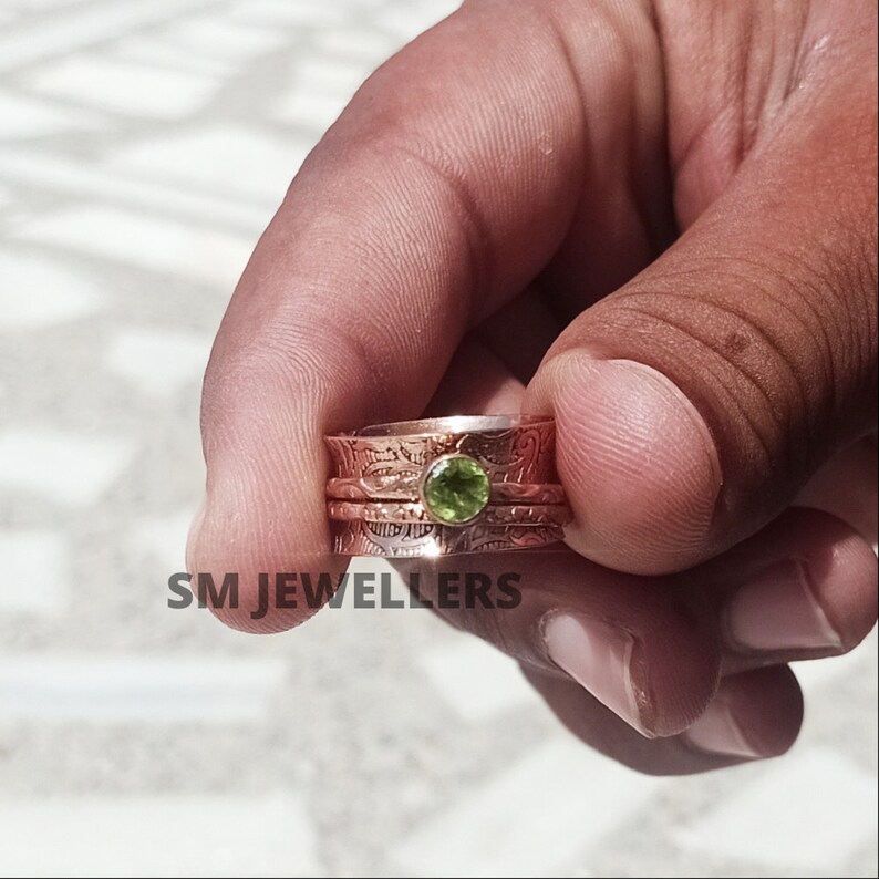 Peridot Spinner Ring-Solid 925 Copper Spinner Band-Three Tone Spins Ring-Anxiety Ring-Heart Ring-Gemstone Ring-Boho Ring-Gift For Women In66
