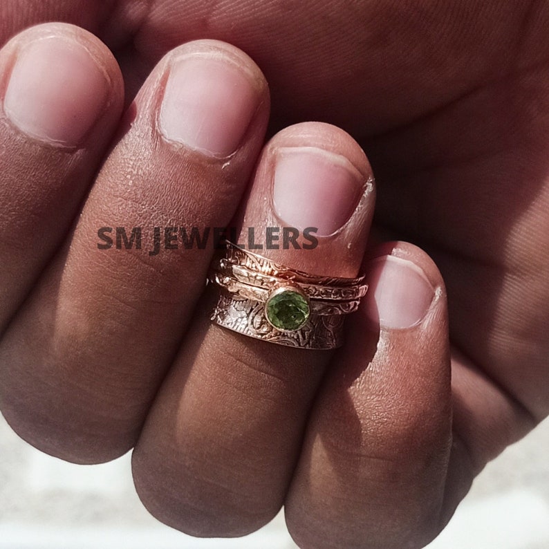Peridot Spinner Ring-Solid 925 Copper Spinner Band-Three Tone Spins Ring-Anxiety Ring-Heart Ring-Gemstone Ring-Boho Ring-Gift For Women In66