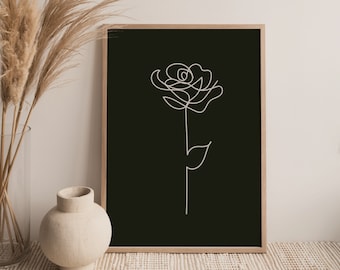 ROSE DARK | Printable Wall Art Digital Print | Minimal Single Rose Line Art Drawing | Monochrome Wall Print | Instant Download