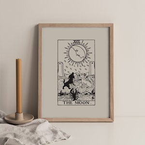 TAROT KARTE MOND | Druckbare Wand Kunst Digitaldruck | Schwarz & Weiß Mond Tarot Karten Design | Neutraler Ton Wanddruck | Sofort Download