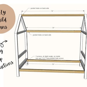 Könnte beinhalten: Diagramm eines hausförmigen Bettrahmens mit Maßen. Der Rahmen ist weiß mit Holzbalken, mit Maßen von 188 cm und 193 cm. Text enthält "DIY Build Plans" und "step by step instructions".