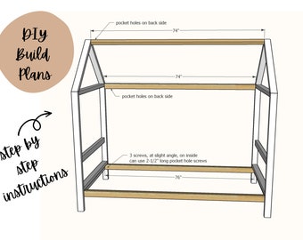 Puede incluir: Diagrama de una estructura de cama en forma de casa con dimensiones. El marco es blanco con vigas de madera, con medidas de 188 cm y 193 cm. El texto incluye "DIY Build Plans" y "step by step instructions".
