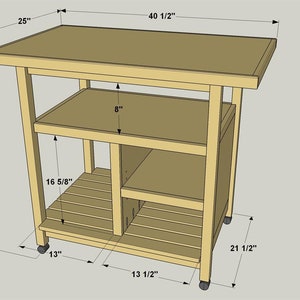 Puede incluir: Un carro de cocina de madera con un estante superior, dos estantes y un estante inferior con listones. El carro tiene cuatro ruedas y mide 103 cm de ancho, 64 cm de profundidad y 91 cm de alto.