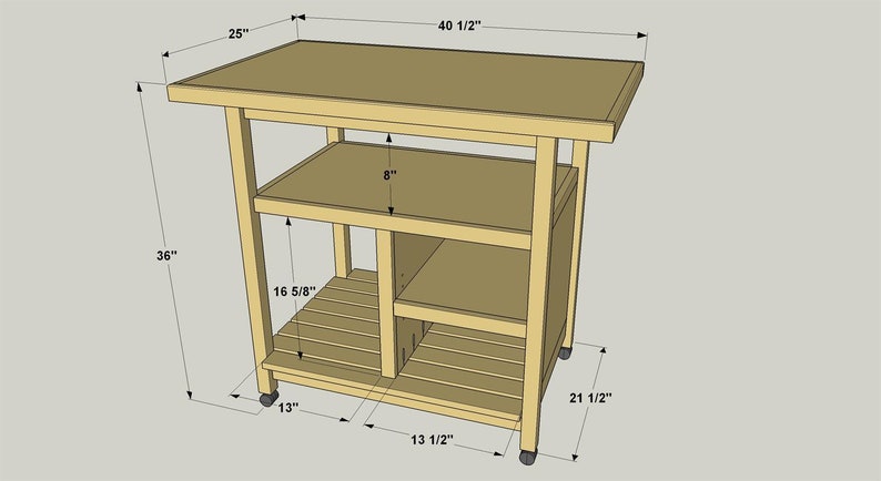 Puede incluir: Un carro de cocina de madera con un estante superior, dos estantes y un estante inferior con listones. El carro tiene cuatro ruedas y mide 103 cm de ancho, 64 cm de profundidad y 91 cm de alto.