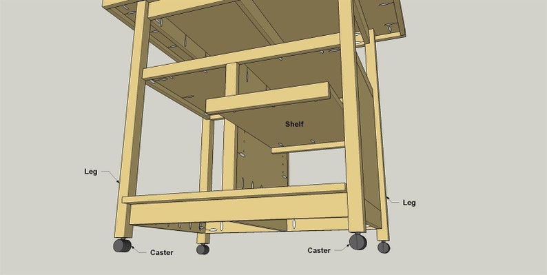 Puede incluir: Un carro de cocina de madera con un estante, cuatro patas y cuatro ruedas. El carro est&aacute; hecho de madera clara y tiene un acabado natural. El estante est&aacute; etiquetado como "Estante". Las patas est&aacute;n etiquetadas como "Pata". Las ruedas est&aacute;n etiquetadas como "Rueda".