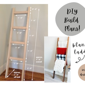 May include: DIY plans for a wooden blanket ladder, measuring 2.1 metres tall and 0.6 metres wide. The ladder has four rungs, each spaced 0.46 metres apart. The ladder is shown leaning against a wall with blankets draped over it.