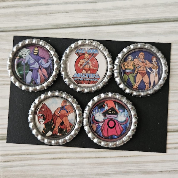 Masters of the Universe Bottle Cap Magnets – Retro He-Man Skeletor Grayskull
