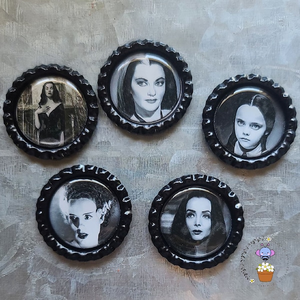 Ladies of Horror Addams Family Frankenstein Munsters Vampira Bottlecap Refrigerator Office Filing Cabinet Magnets