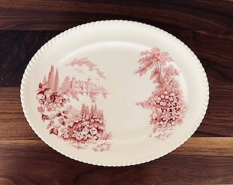 Vintage, Johnson Bros., Castle on the Lake, Oval Platter, Red Transferware, Scalloped Edging, Ironstone, Made in England