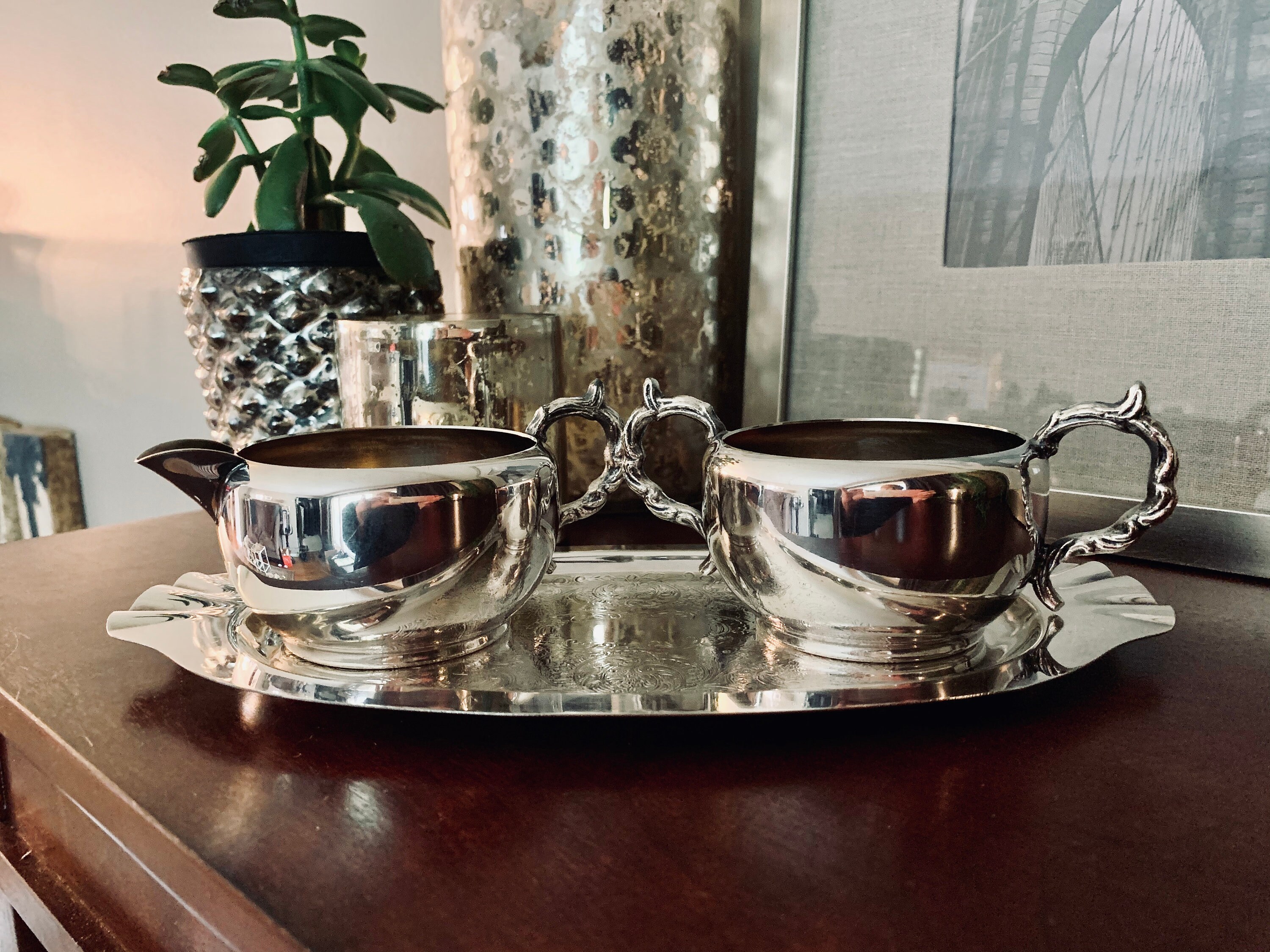 Vintage Silver Cream and Sugar on Tray Set Silver Plated Etsy Canada