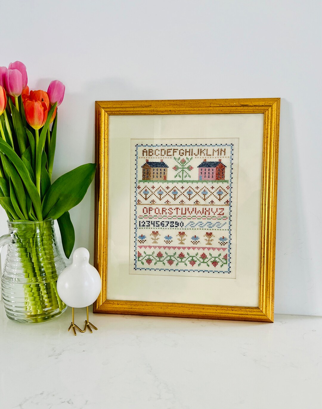 Vintage Needlepoint Sampler, Crossstitch, Needle Work Wall Hanging