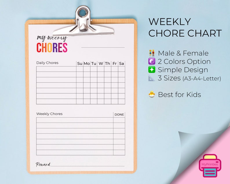 Digital Weekly Colorful Chore Chart for Kids, Printable and Editable to ...
