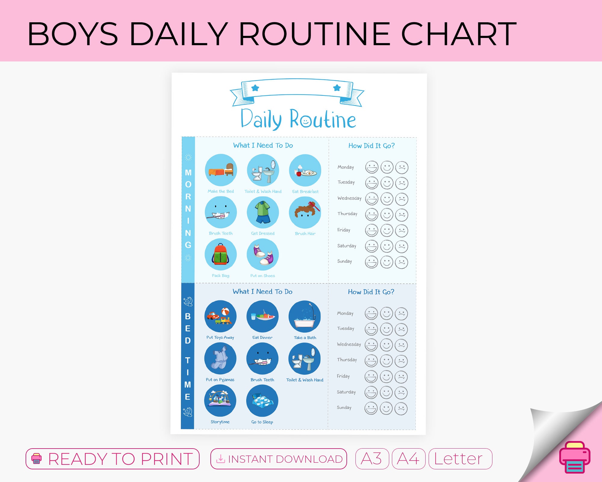 Boys Daily Routine Chart, Printable Chore Chart, Boy Responsibility, to ...