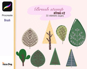 Op de afbeelding: Een set van 30 digitale penseel-stempels voor Procreate met verschillende boomvormen in groen, bruin en grijs. De penseel-stempels zijn ontworpen voor het maken van illustraties en patronen.