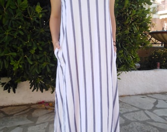 Chic dress,white color,stripes ,cotton,tencel,Greek creation,summer,sea,soft fabric,maxi dress for the whole day ,evening dress, sizes M/ L