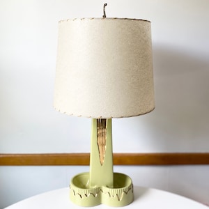 1950s Vintage Atomic Avocado Gold Table Lamp Mid Century Modern Green Space Age with Shade
