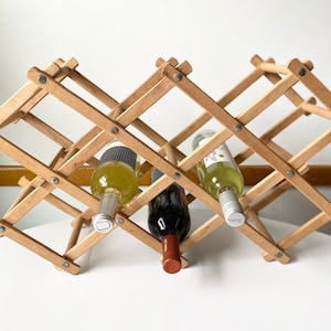 1970s Boho Chic Wooden 10-Bottle Wine Rack Collapsible Expandable Accordion Vintage Bohemian Minimalist