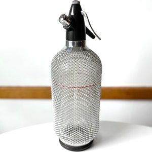 1960s Soda Syphon Seltzer Bottle Czech Wire Mesh Bar Decor Mid Century Vintage