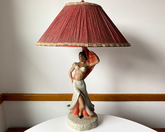 1940s Plastart Flamenco Dancer Lamp W/ Original Shade Chalkware