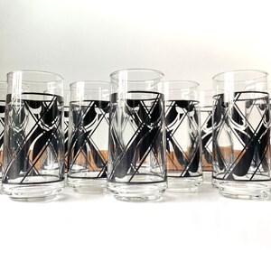 1970s Set of 10 Mid Century Black Patterned Highball Water Glasses Tumblers Clean Vintage Modern