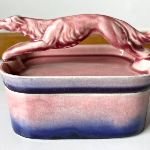 1920s Egyptian Revival Ramses Pottery Greyhound Whippet Vanity Trinket Box Dog Vintage Pet Urn Art Deco Pink Purple