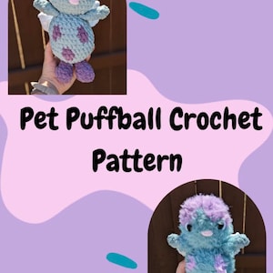以下が含まれることがあります： 紫と青のアクセントが付いたパフボールの形をした、手編みのぬいぐるみが2つあります。おもちゃは手で持たれています。画像には「Pet Puffball Crochet Pattern」と「@hooked.with.hannah」のテキストが表示されています。