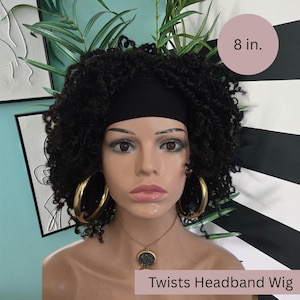 May include: A black Twists Headband Wig, approximately 8 inches in length, is displayed on a mannequin. The wig features a black headband and curly hair. The mannequin is wearing gold hoop earrings and a pendant necklace.