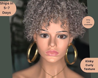 Silver Gray Synthetic Hair Topper Afro Curly Bangs Wig Clip In Extensions