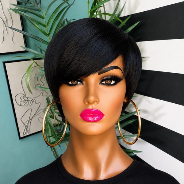 Bob Human Hair Topper with Bangs, Natural Black Hair Extensions for Women, Short Pixie, Crown Hairpiece, Breathable Cap, Clip in Extensions