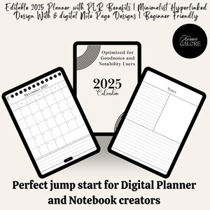 Könnte beinhalten: Digitaler Planer für 2025 mit PLR-Vorteilen. Das Bild zeigt drei digitale Planerseiten mit einem Kalender, Notizen und einer Titelseite. Die Titelseite zeigt "Optimiert für Goodnotes und Notability Users" und "2025 Calendar". Der Text oben lautet "Editable 2025 Planner".