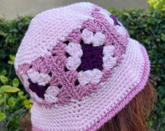 Crochet Bucket Hat Granny Square Pattern Purple and White Adult Size Handmade Crochet Bucket Hat Granny Square Pattern Purple Lavender  main image 2