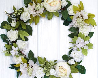 White peony rose artificial flower wreath, wreath for front door, summer wreath, 40cm