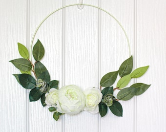 Floral hoop wreath, nursery wreath, flower wall hanging, white artifical flower wreath, flower hoop, flower wall decoration