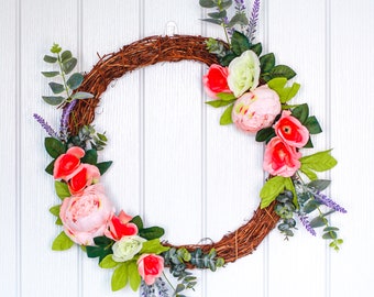 Peony wreath, grapevine door wreath, year round wreath, large summer wreath