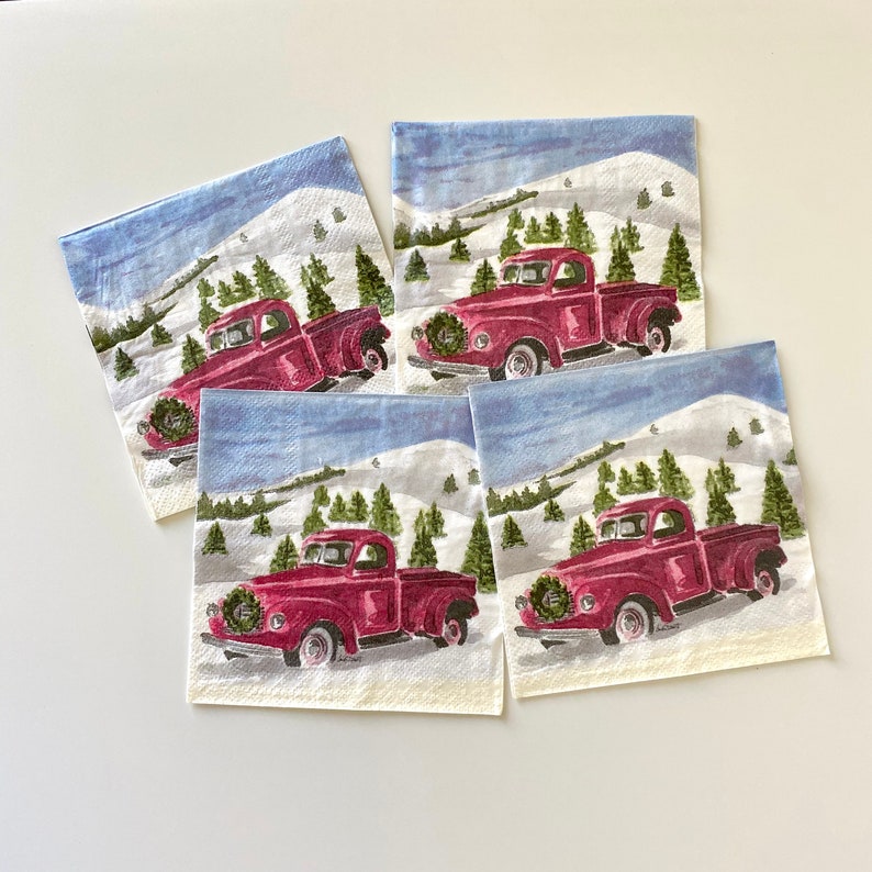Red Truck Christmas Decoupage Napkins Set of 4 Christmas Etsy