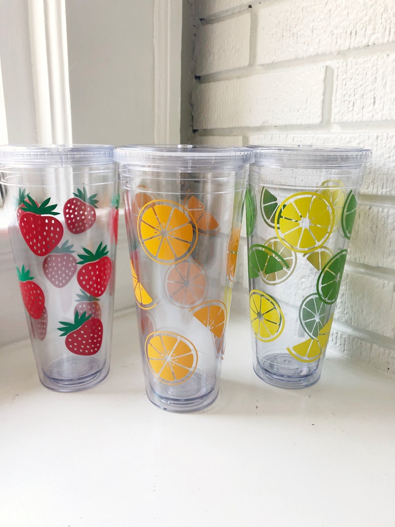 Strawberry Acrylic Tumbler, Acrylic Tumbler with Lid and Straw, Custom