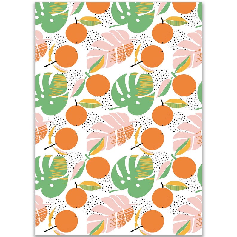 Papel de regalo con diseño de cítricos tropicales / Papel de regalo con diseño de hoja de monstera naranja (acabado mate supersuave) imagen 2
